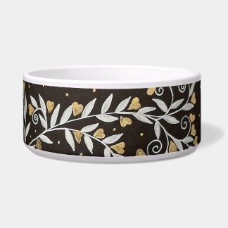Elegant Black Gold Hearts Botanical Ceramic Pet Bowl