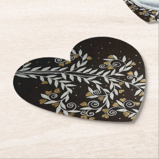 Elegant Black Gold Hearts Botanical Heart Shaped Paper Coaster