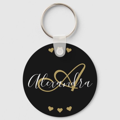 Elegant Black Gold Hearts Script Monogram Name Keychain