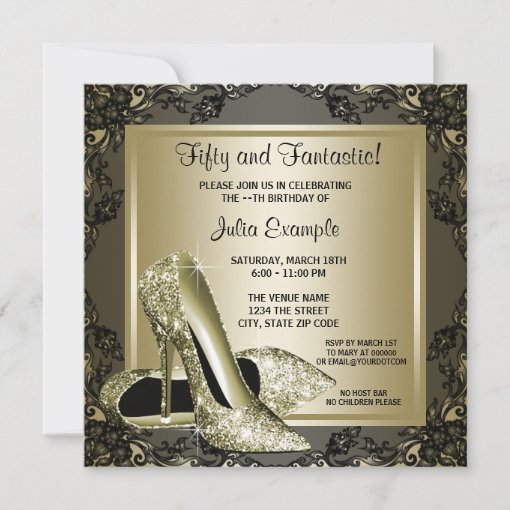 Elegant Black Gold High Heel Womans Birthday Party Invitation | Zazzle