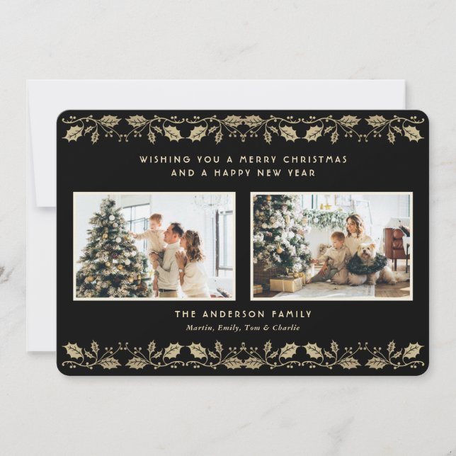 Elegant Black Gold Holly Berries Photo Holiday Card (Front)