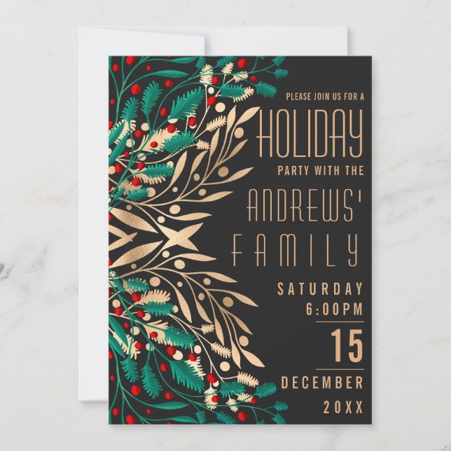 Elegant Black Gold Holly Berry Leaves Holiday Invitation (Front)
