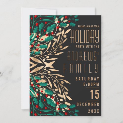 Elegant Black Gold Holly Berry Leaves Holiday Invitation