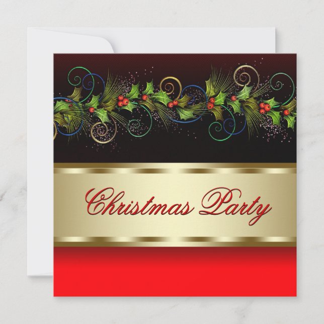 Elegant Black Gold Holly Corporate Christmas Party Invitation (Front)