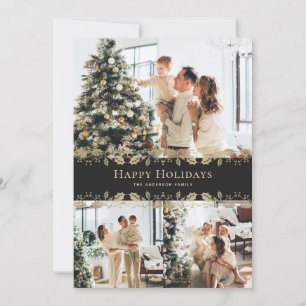 Elegant Black Gold Holly Photo Happy Holidays Holiday Card