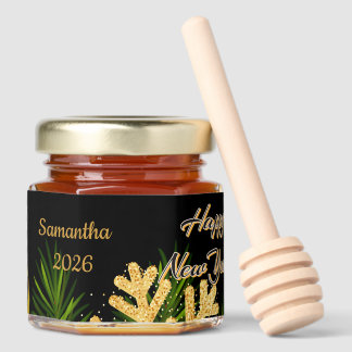 Elegant Black & Gold Honey Favor Jars with Dipper Honey Jar Favors