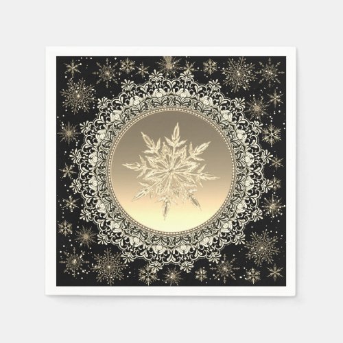 Elegant Black  Gold Ice Crystal Snowflake Paper Napkins
