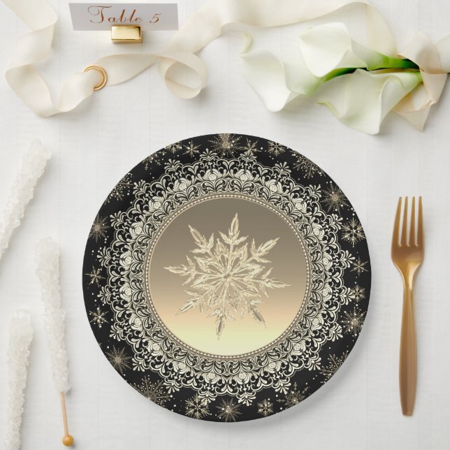 Elegant Black & Gold Ice Crystal Snowflake Paper Plates (Wedding)