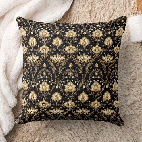 Elegant black gold Indian floral pattern Throw Pillow