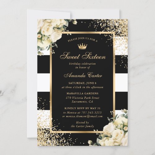 Elegant Black Gold Ivory Floral Sweet 16 Birthday Invitation