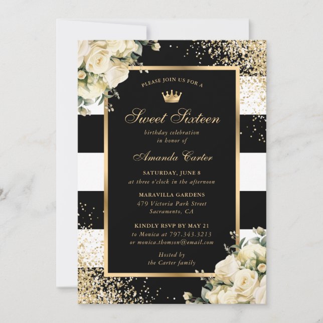 Elegant Black Gold Ivory Floral Sweet 16 Birthday Invitation (Front)