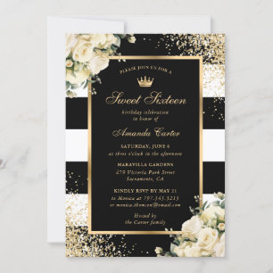 Elegant Black Gold Ivory Floral Sweet 16 Birthday Invitation