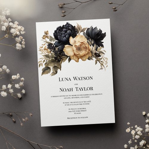 Elegant black gold ivory peony floral Wedding Invitation
