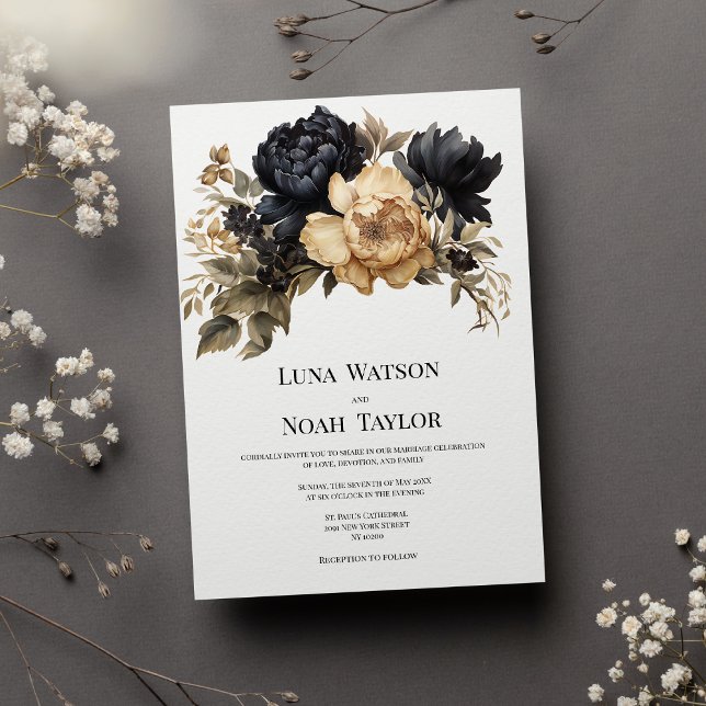 Elegant black gold ivory peony floral Wedding Invitation (Elegant black gold ivory peony floral Wedding)