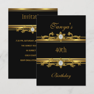 Elegant Black Gold Jewel 40th Birthday Invitation