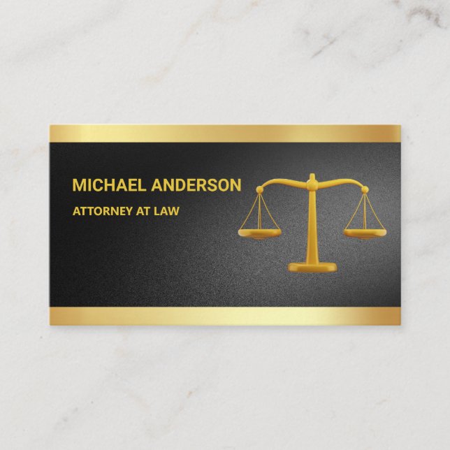 Elegant Black Gold Justice Scale Lawyer Attorney  Business Card (Front)