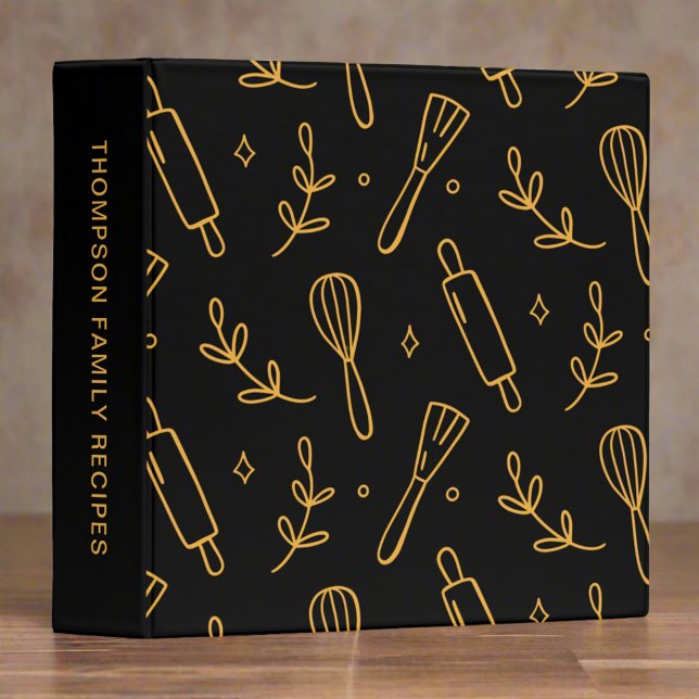 Elegant Black & Gold kitchen Utensils Cookbook 3 Ring Binder (Creator Uploaded)