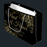 Elegant Black & Gold Lace Maid of Honor Wedding Large Gift Bag<br><div class="desc">This beautiful gift bag is designed as a wedding gift or favor bag for the Maid of Honor. It features a classic black background with golden faux foil lace curls and swirls in the corners. The gold script lettering reads "Maid of Honor" with a place to enter her name, the...</div>