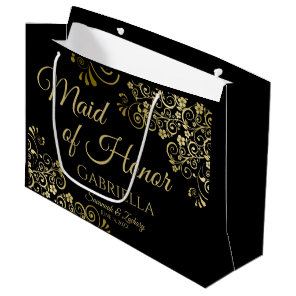 Elegant Black & Gold Lace Maid of Honor Wedding Large Gift Bag
