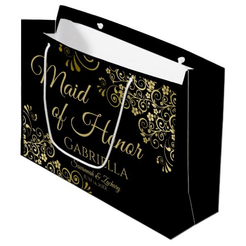 Elegant Black  Gold Lace Maid of Honor Wedding Large Gift Bag