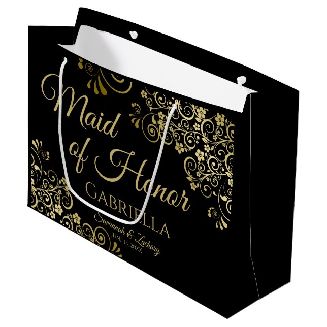 Elegant Black & Gold Lace Maid of Honor Wedding Large Gift Bag (Front Angled)