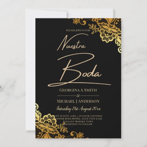 Elegant Black Gold Lace Modern Wedding  Invitation