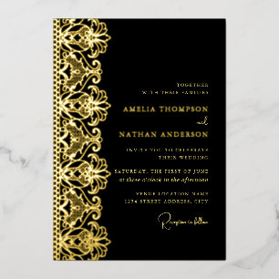 Elegant Black Gold Lace Wedding Foil Invitation