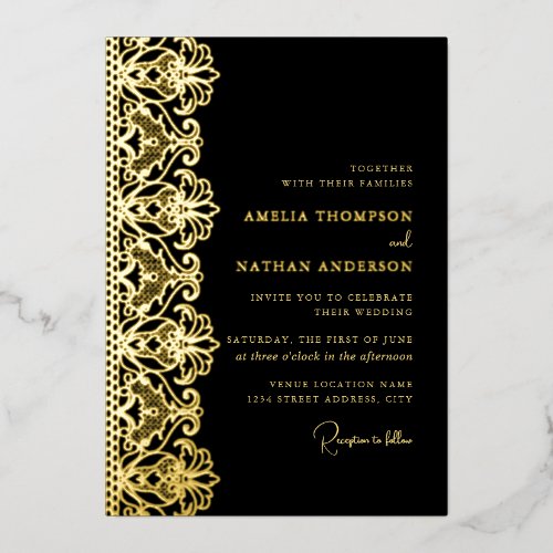 Elegant Black Gold Lace Wedding  Foil Invitation