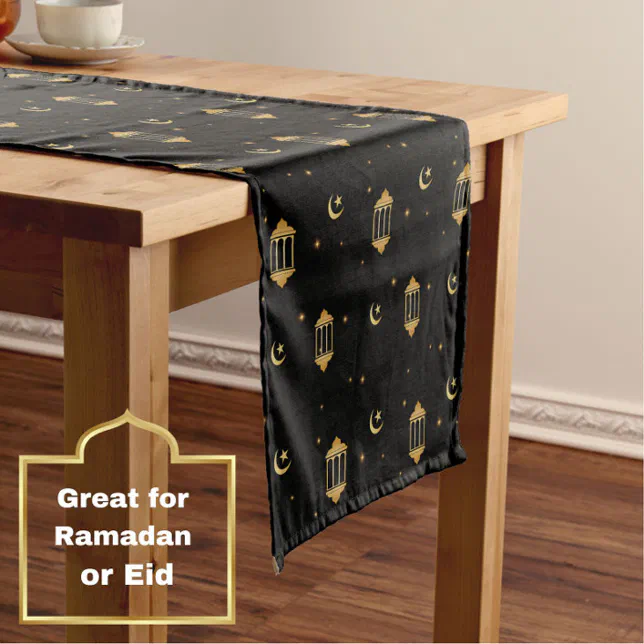 Elegant Black Gold Lanterns Moon Islamic Eid Short Table Runner | Zazzle