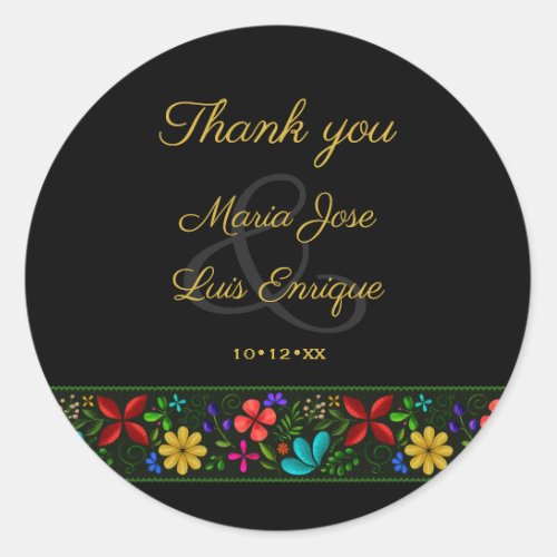 Elegant Black Gold Latin American Floral Thank You Classic Round Sticker