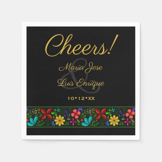 Elegant Black Gold Latin American Floral Wedding N Napkins (Front)