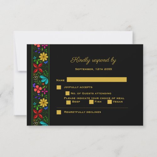 Elegant Black Gold Latin American Floral Wedding RSVP Card