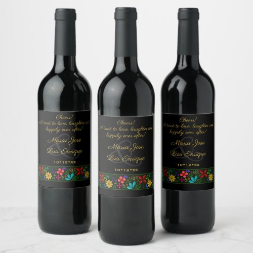 Elegant Black Gold Latin American Floral Wedding Wine Label