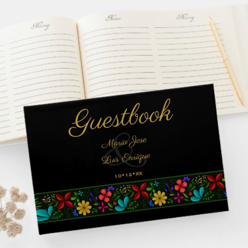 Elegant Black Gold Latin American Folk Floral Guest Book