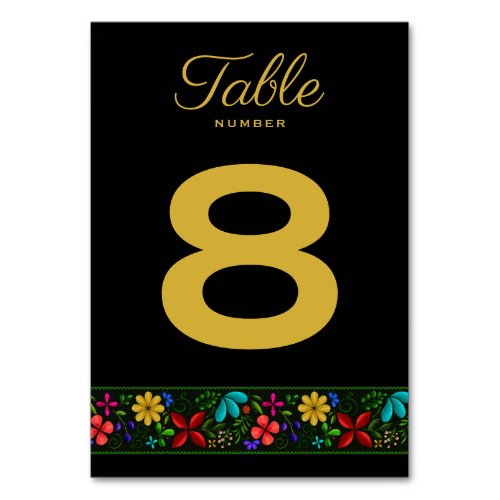 Elegant Black Gold Latin American Folk Floral Table Number