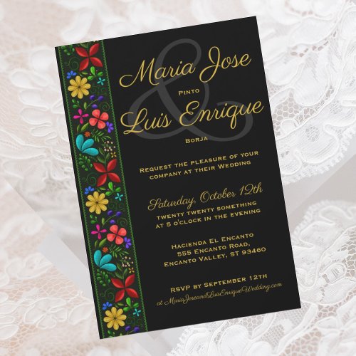 Elegant Black Gold Latin Folk Floral Wedding Invitation