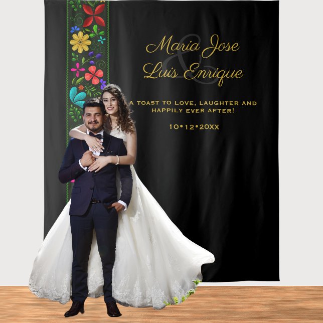 Elegant Black Gold Latin Folk Floral Wedding  Tapestry (Creator Uploaded)