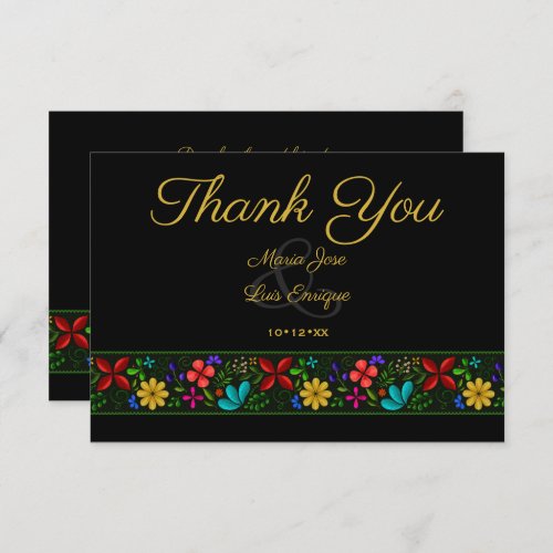 Elegant Black Gold Latin Folk Floral Wedding Thank You Card