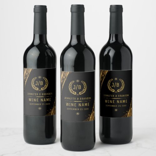 Elegant Black Gold Laurel Treat Festive Design Wine Label