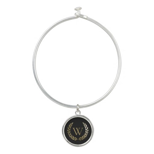 Elegant Black Gold Laurel Wreath Monogram Bangle Bracelet