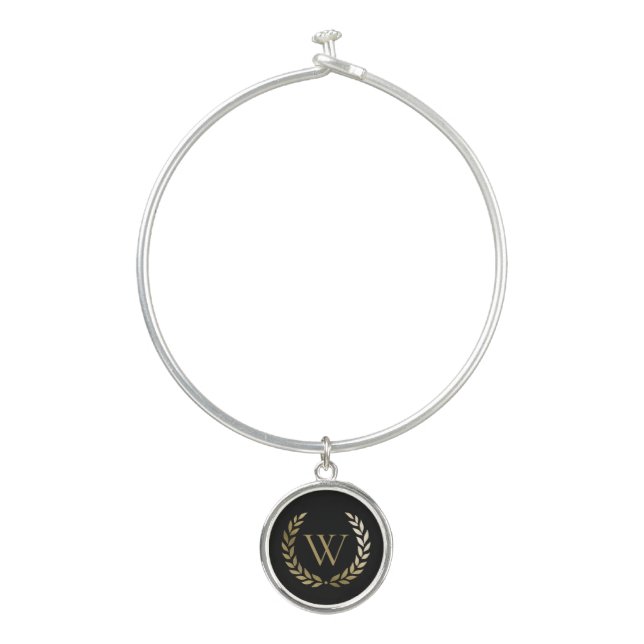 Elegant Black Gold Laurel Wreath Monogram Bangle Bracelet (Front)