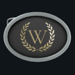 Elegant Black Gold Laurel Wreath Monogram Belt Buckle<br><div class="desc">This elegant personalized buckle features your monogram in faux gold framed by a matching chic gold laurel wreath on a simple black background. Designed by Susan Coffey.</div>