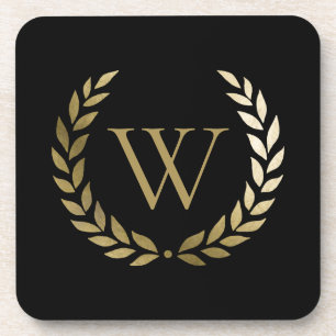 Elegant Black Gold Laurel Wreath Monogram Beverage Coaster