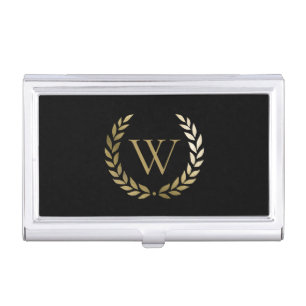 Elegant Black Gold Laurel Wreath Monogram Business Card Case