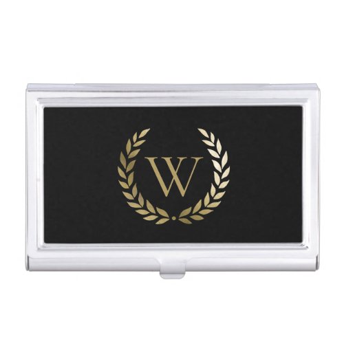 Elegant Black Gold Laurel Wreath Monogram Business Card Case