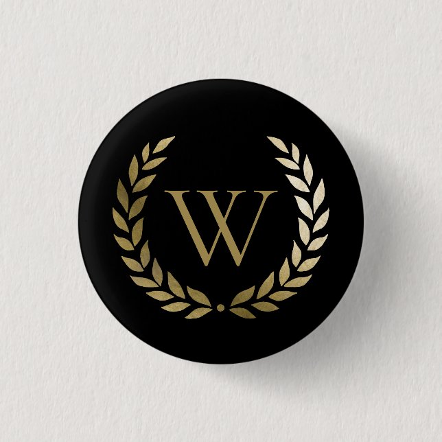 Elegant Black Gold Laurel Wreath Monogram Button (Front)