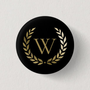 Elegant Black Gold Laurel Wreath Monogram Button