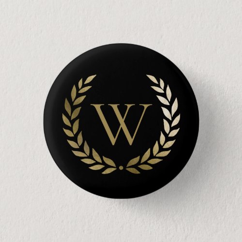 Elegant Black Gold Laurel Wreath Monogram Button