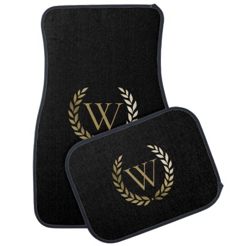 Elegant Black Gold Laurel Wreath Monogram Car Floor Mat