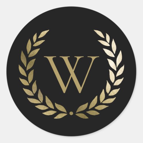 Elegant Black Gold Laurel Wreath Monogram Classic Round Sticker